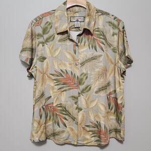 Caribbean Joe Shirt Women Sz Petite L Button Up Floral Rayon Luau Tropical Beach